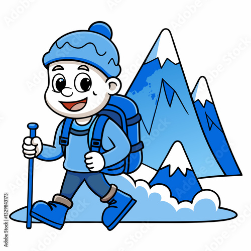 Happy Cartoon Boy Hiking in Snowy Mountains – Adventure and Outdoor Exploration Illustration