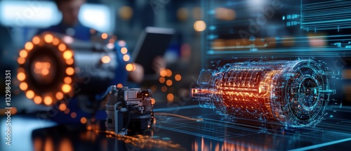 Advanced research and development engineer creating innovative machinery against a modern blue and orange background