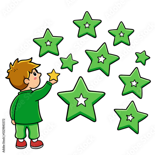 Cartoon Boy Reaching for Stars – Imaginative and Inspirational Illustration