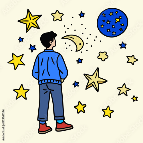 Cartoon person gazing at the night sky, dreamy stargazing, space and imagination illustration, clipart for books and educational content