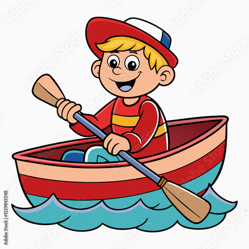 Cartoon boy rowing a boat, summer adventure, water sports and outdoor activities, clipart for kids’ books and educational materials