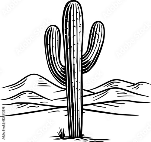 desert cactus illustration with mountains black and white desert scene, nature art design