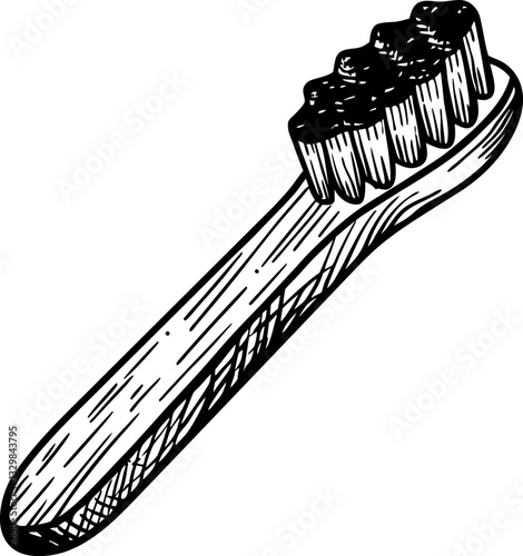 Hand drawn toothbrush illustration detailed sketch with bristles on wooden handle, hygiene concept