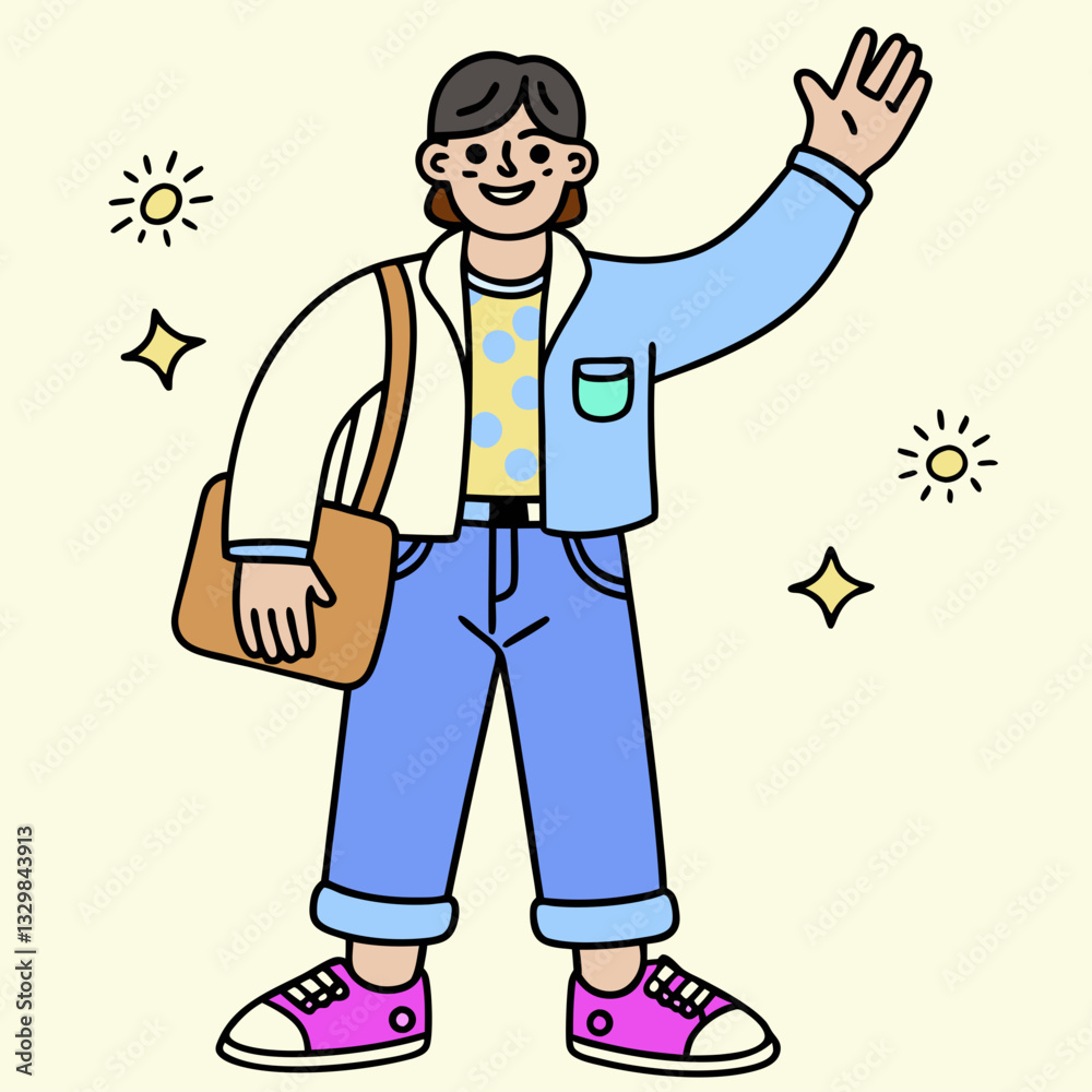 Friendly young person waving hello with a stylish outfit and bag on a light background Friendly young person waving hello with a stylish outfit and bag on a light background
