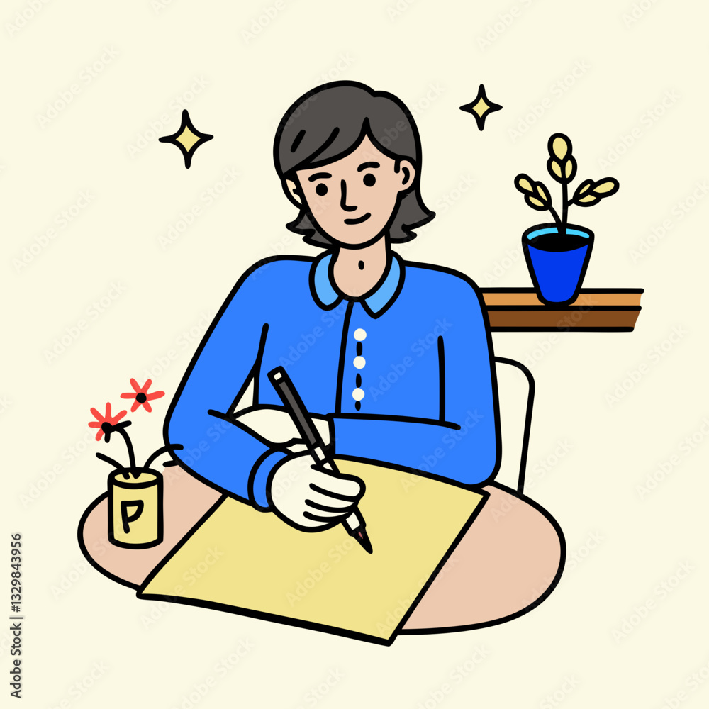Creative young person writing notes at a desk with a cheerful expression in a cozy setting Creative young person writing notes at a desk with a cheerful expression in a cozy setting