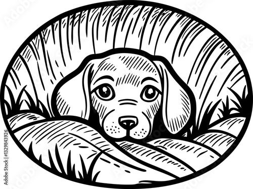 illustration of a cute puppy in a grassy nest, adorable animal drawing, black and white art