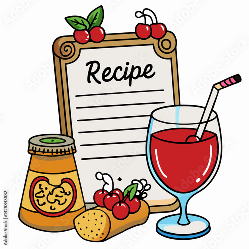 Cartoon recipe card with cherry juice and honey – culinary illustration for blogs, cookbooks, café menus, healthy food content, and homemade recipes

