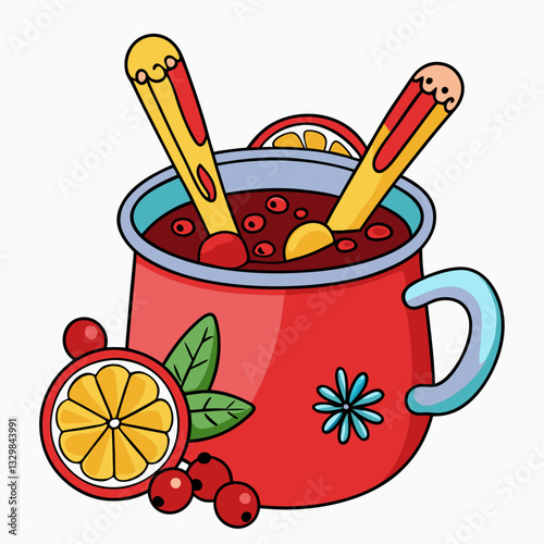 Cartoon mug with a warm berry drink – cozy winter illustration for blogs, café designs, seasonal recipes, holiday content, and beverage-related projects

