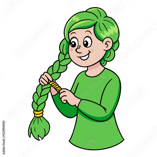 Cartoon green-haired girl combing her braid – self-care and hair styling illustration for blogs, beauty tips, hair care guides, and personal grooming content

