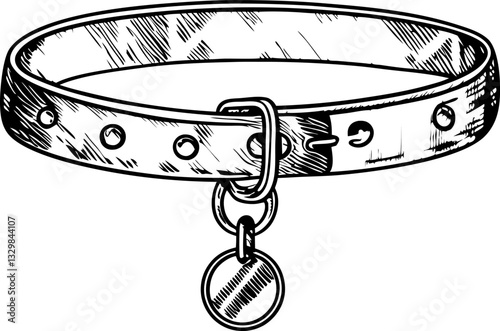 vintage leather dog collar with tag detailed black and white illustration of pet accessory