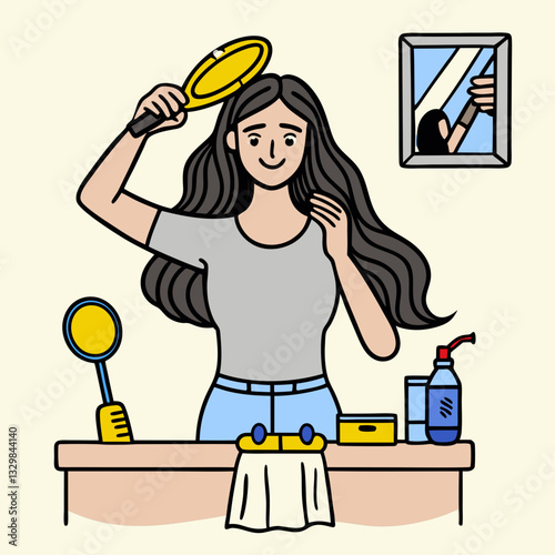 Cartoon woman brushing hair in front of a mirror – self-care and beauty illustration for blogs, personal care content, hair care tips, and lifestyle designs

