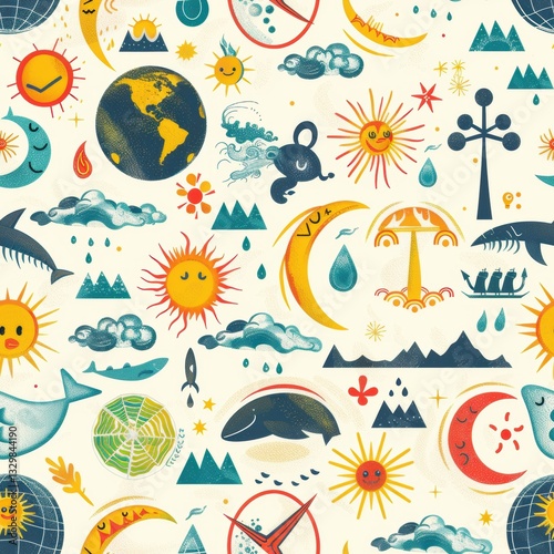 Colorful and whimsical design of various celestial bodies and animals