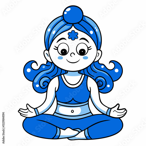 Calm girl in blue yoga attire meditating peacefully on a white background