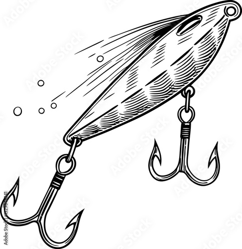 Vintage fishing lure with dual hooks in detailed black and white illustration