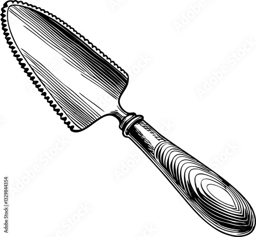 Engraved garden trowel illustration with serrated edges for gardening and planting