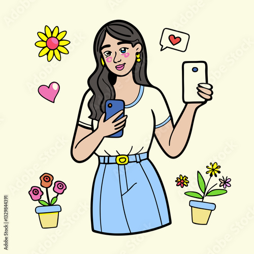 Stylish woman taking selfies with a smile and vibrant flowers around her