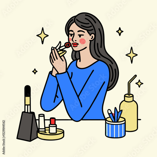 Cartoon woman applying lipstick – beauty illustration for blogs, websites, fashion content, self-care guides, cosmetic brands, and lifestyle designs

