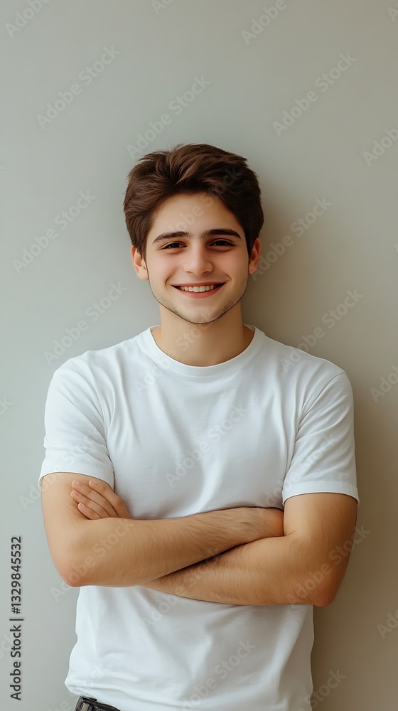 Smiling Young Man with Arms Crossed by Neutral Wall Smiling Young Man with Arms Crossed by Neutral Wall