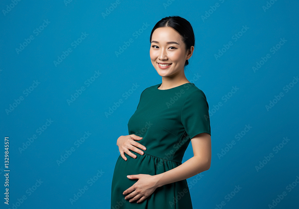 Obraz premium Pleased cheerful Asian woman keeps hand on belly feels full after delicious dinner stands against blue background