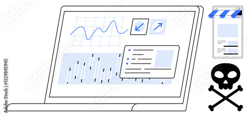 Laptop screen with graphs, charts, mobile e-commerce, and a skull and crossbones showing online security risks. Ideal for cybersecurity, analytics, e-commerce, fintech, data fraud hacking