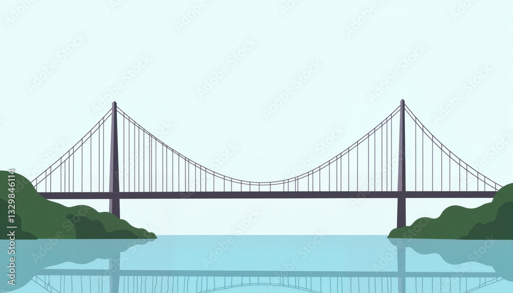 Fototapeta premium Sleek suspension bridge over calm river, minimalistic design