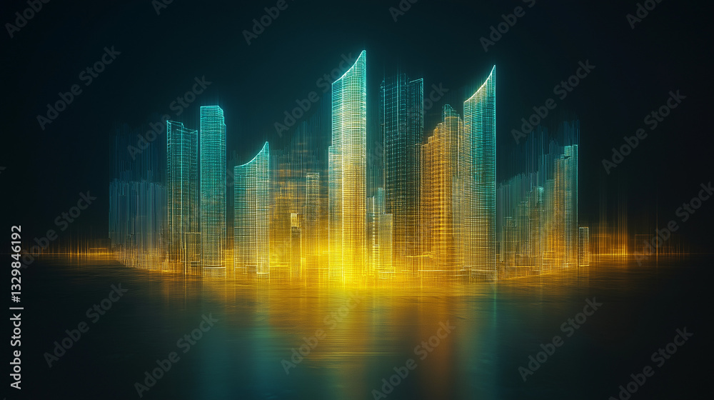 Fototapeta premium City of Lights: An artistically rendered cityscape glows with ethereal light, where high-rise buildings shimmer with a futuristic essence, illustrating urban dynamism, innovation.