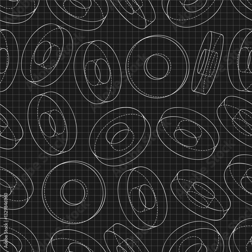 Mechanical engineering drawings on black background. Cutter, assembly tool with replaceable multi-faceted plate. Technical Design. Cover. Blueprint. Vector illustration. Seamless pattern.