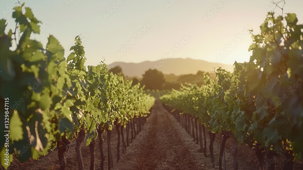 Naklejka premium Golden Hour Vineyard Rows Lush Green Vines at Sunset