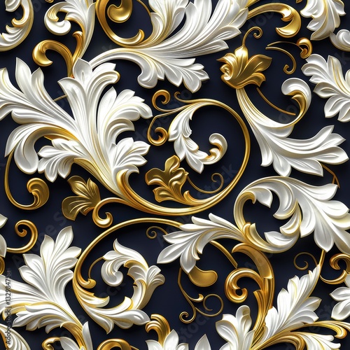 Gold and white floral design on a blue background