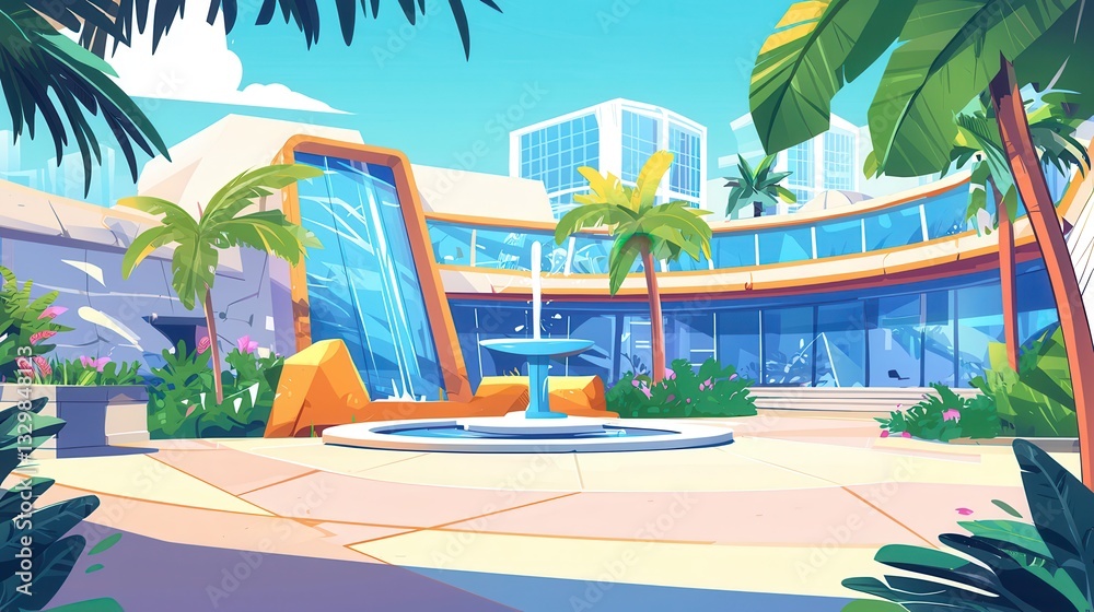 Fototapeta premium Tropical Courtyard with Modern Building and Fountain
