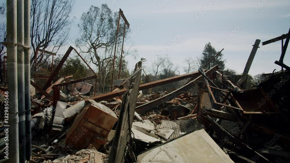 The debris of damaged buildings in Pacific Palisades, LA, California - Fire Aftermath The debris of damaged buildings in Pacific Palisades, LA, California - Fire Aftermath
