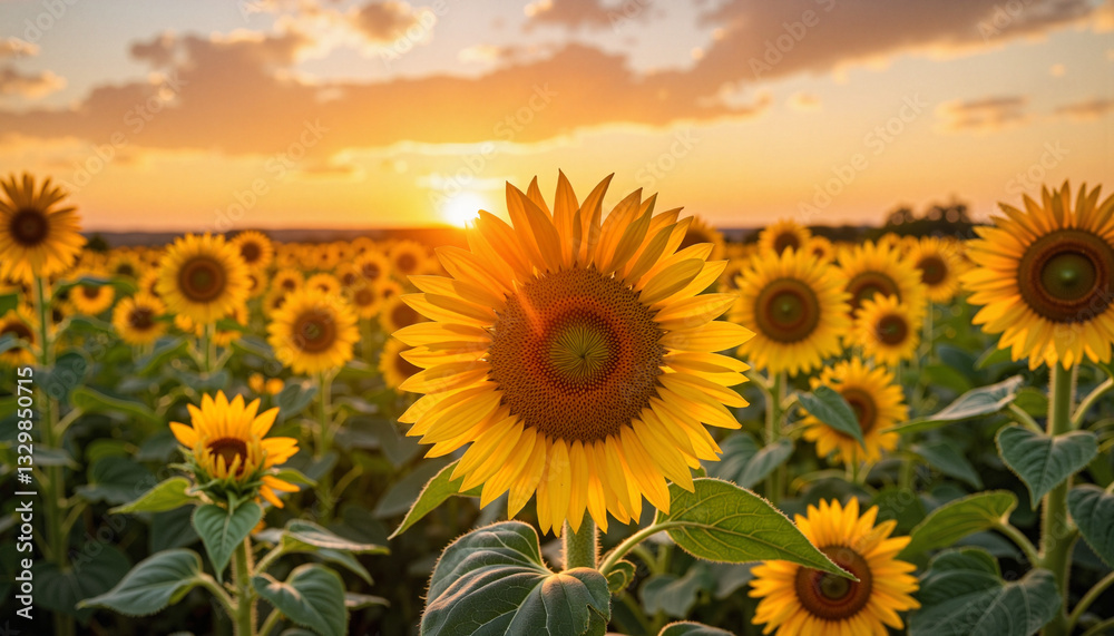 Obraz premium Vibrant sunflowers blooming at sunset, nature's beauty