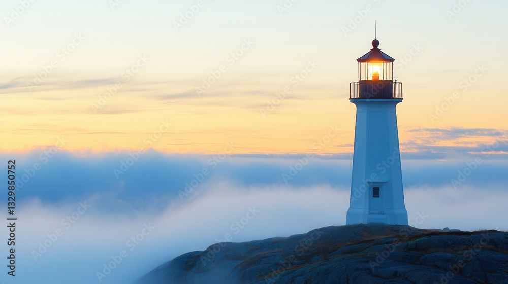 Fototapeta premium Serene Lighthouse on Misty Coast at Sunset