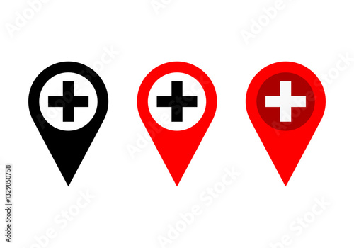Set hospital location tag pin icon flat vector design