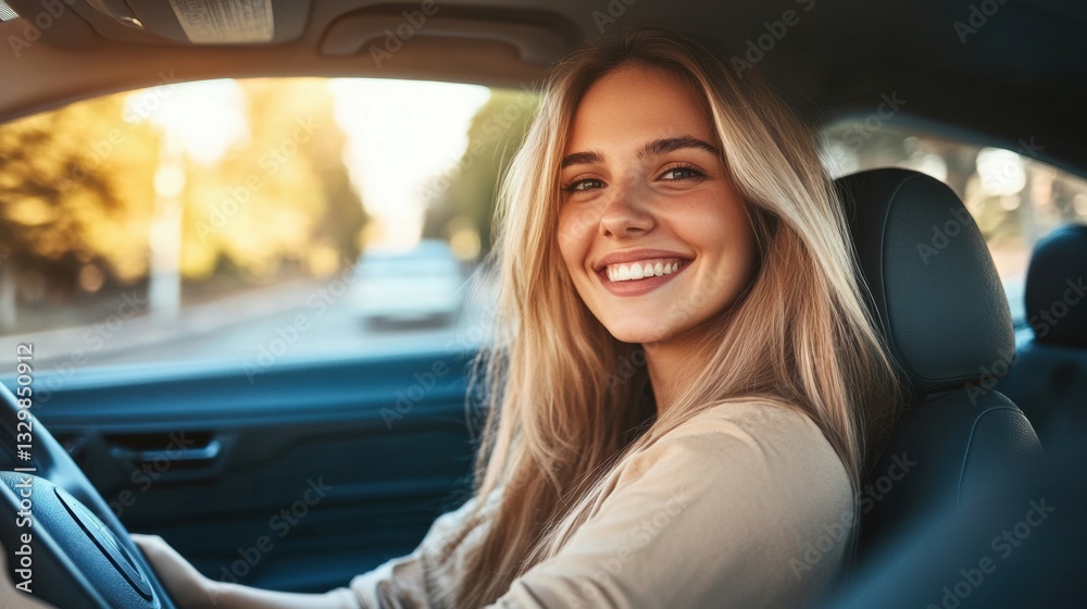 Naklejka premium Smiling woman driving in a sunny street on a beautiful day