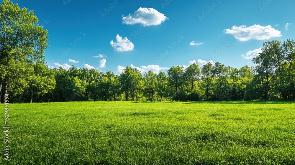 Green meadow and forest landscape under blue sky with clouds on sunny summer day Green meadow and forest landscape under blue sky with clouds on sunny summer day