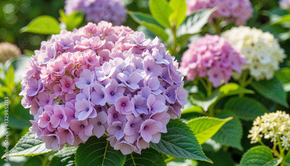 Vibrant hydrangea cluster in sunny yard, nature's beauty Vibrant hydrangea cluster in sunny yard, nature's beauty
