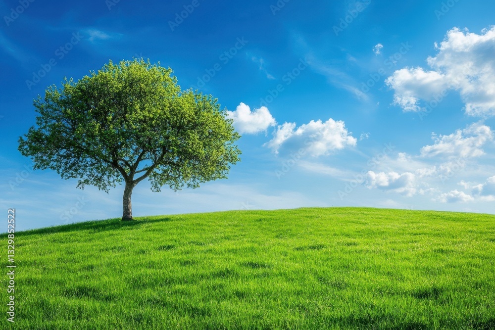 Lonely tree growing on a green hill under blue sky Lonely tree growing on a green hill under blue sky