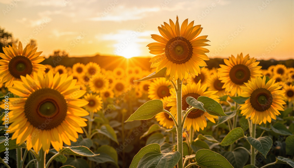Fototapeta premium Vibrant sunflowers swaying in sunset-lit field, nature's beauty