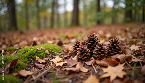 Scattered pine cones on forest ground with autumn leaves, nature's beauty