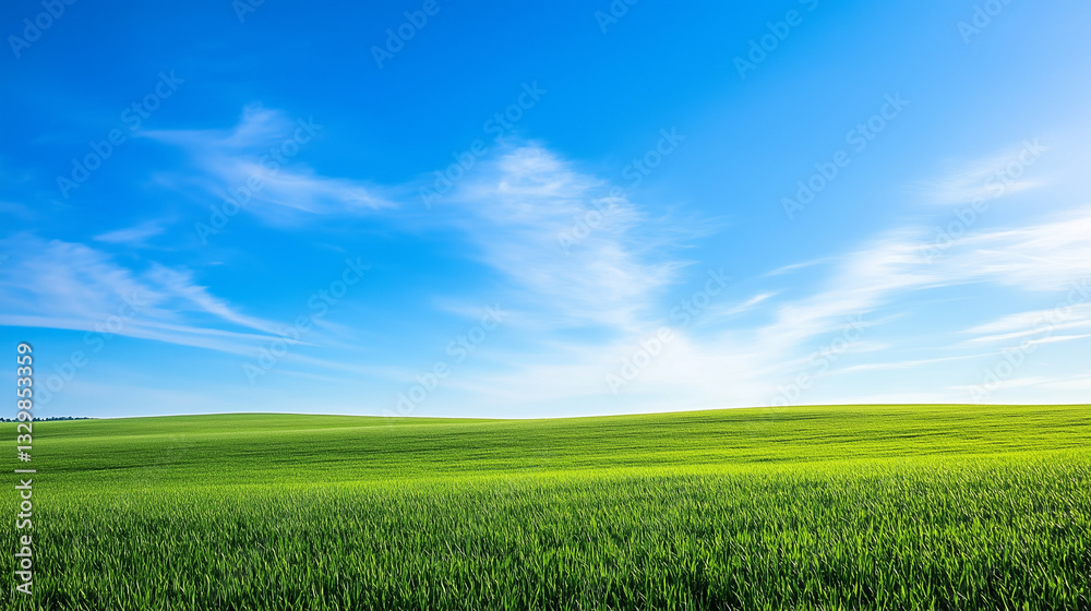 Fototapeta premium Wide expanse of a lush green field under a vibrant blue sky. 