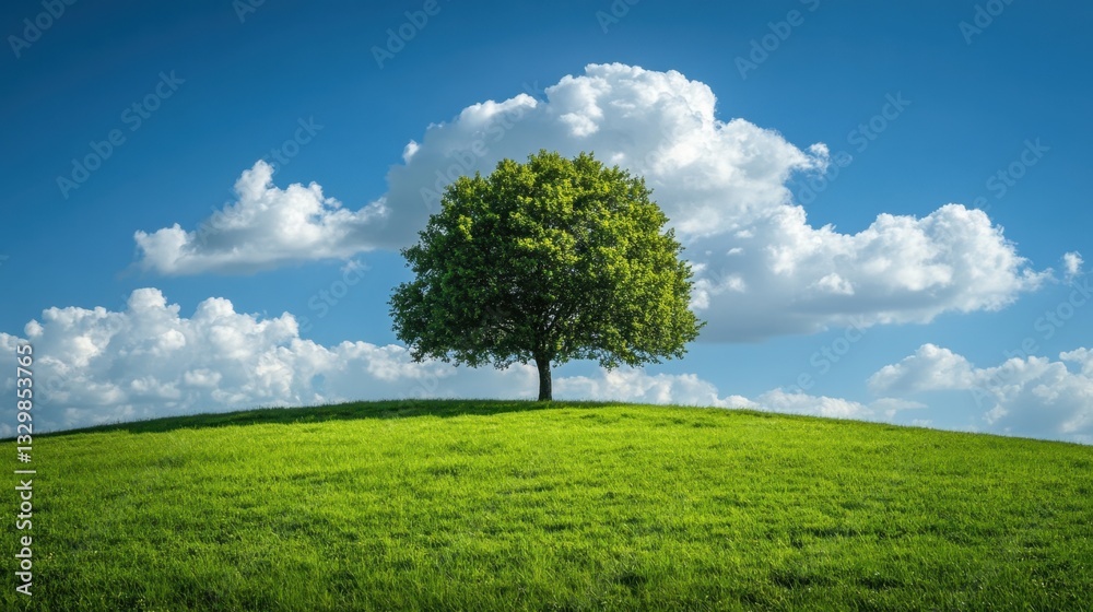 Obraz premium Lonely tree standing on a green hill under a cloudy blue sky