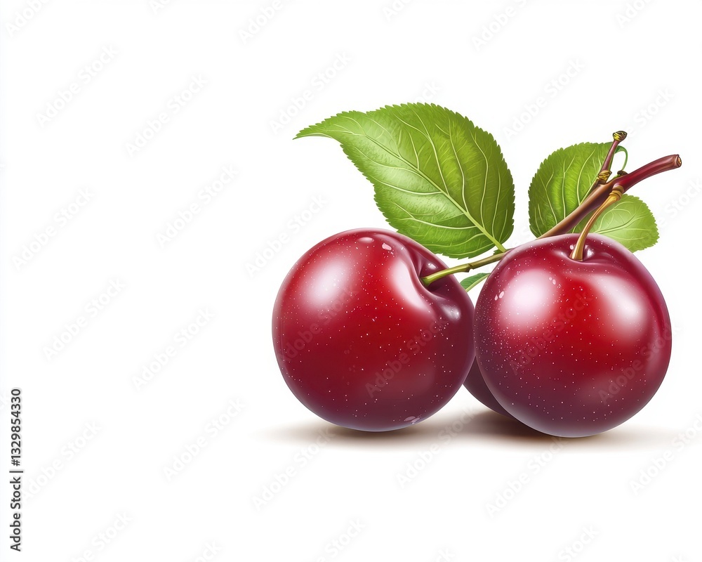 Obraz premium Two Ripe Red Plums with Green Leaves on White Background