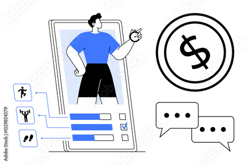 Person tracking exercise in app interface, dollar sign for financial progress, chat bubbles for communication. Ideal for fitness, finance, tech apps, goal tracking, self-improvement, mobile design
