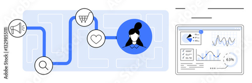 Marketing elements connected by a path to a customer icon with analytics dashboard. Ideal for marketing, customer insight, targeting, SEO, e-commerce, data tracking, flat simple metaphor