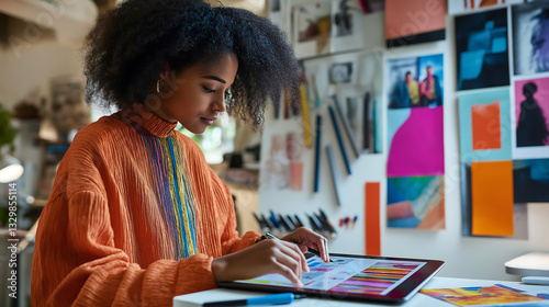 Fototapeta Naklejka Na Ścianę i Meble -  Creative designer working on tablet device in home office studio space