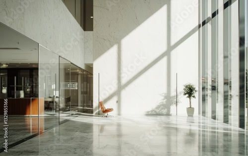 Wallpaper Mural Empty Modern Office Lobby Interior With Polished Marble Floor Sunlight Streams Through Large Windows Illuminating A Brown Leather Lounge Chair And Potted Plant Torontodigital.ca
