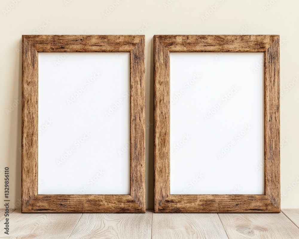 Two Rustic Brown Wooden Picture Frames with Blank White Canvases Two Rustic Brown Wooden Picture Frames with Blank White Canvases