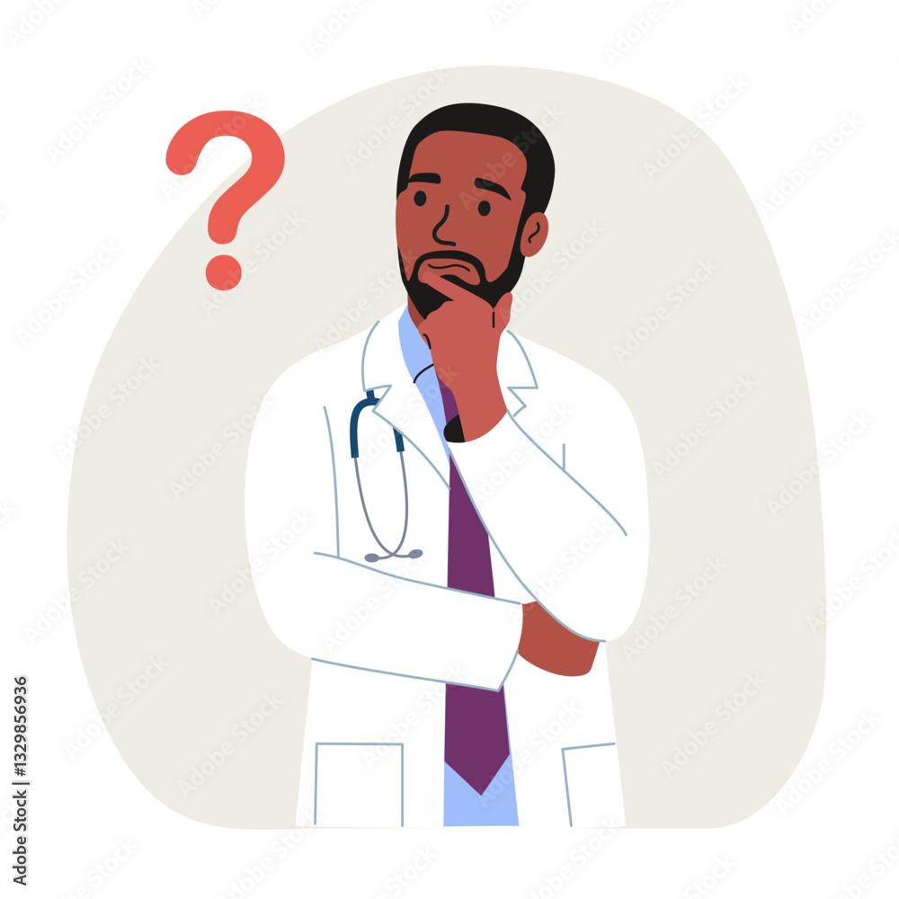 Thinking Doctor man with question mark isolated. Vector flat style cartoon illustration Thinking Doctor man with question mark isolated. Vector flat style cartoon illustration