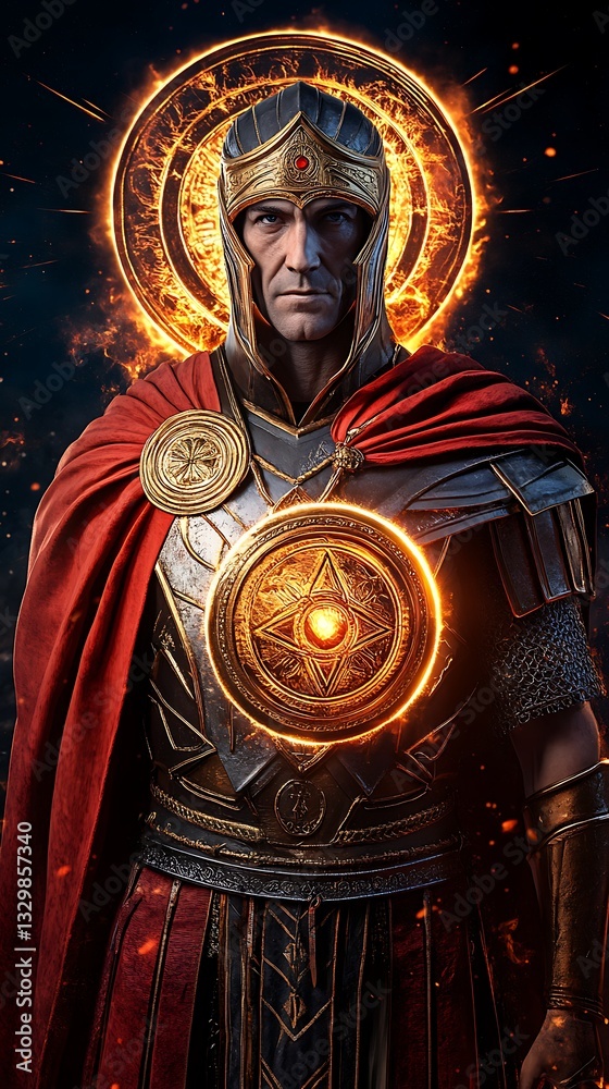 Naklejka premium Warrior deity with burning halo, celestial power, background